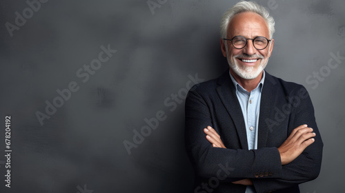 Old businessman posing isolated on grey background