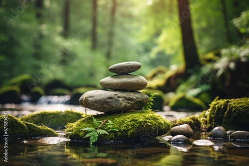 Tranquil zen meditation garden with harmoniously balanced stones  fostering inner peace and serenity