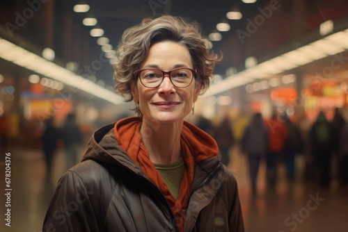 Portrait of a tender woman in her 50s sporting a quilted insulated jacket against a busy supermarket aisle background. AI Generation