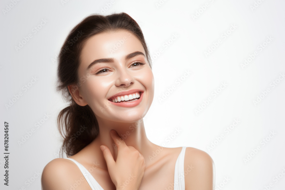Portrait of a young smiling woman touching her flawless glowy skin on soft white background, skincare concept Portrait of a young smiling woman touching her flawless glowy skin on soft white background, skincare concept