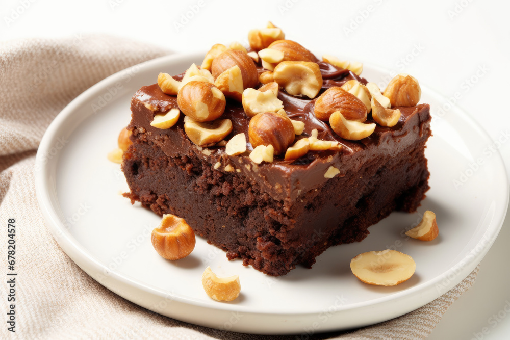 chocolate cake with nuts, Piece of brownie cake with hazelnuts on white plate background