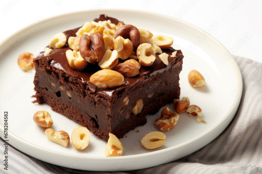chocolate cake with nuts, Piece of brownie cake with hazelnuts on white plate background chocolate cake with nuts, Piece of brownie cake with hazelnuts on white plate background