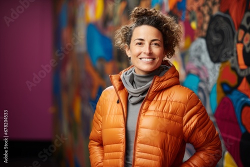 Portrait of a content woman in her 40s sporting a quilted insulated jacket against a vibrant yoga studio background. AI Generation photo
