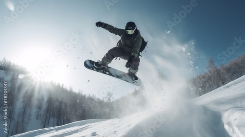 A snowboarder executing a trick midair no face AI generated illustration