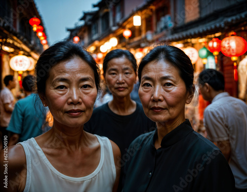 photo of senior old woman with friends in china local street market at night, generative AI