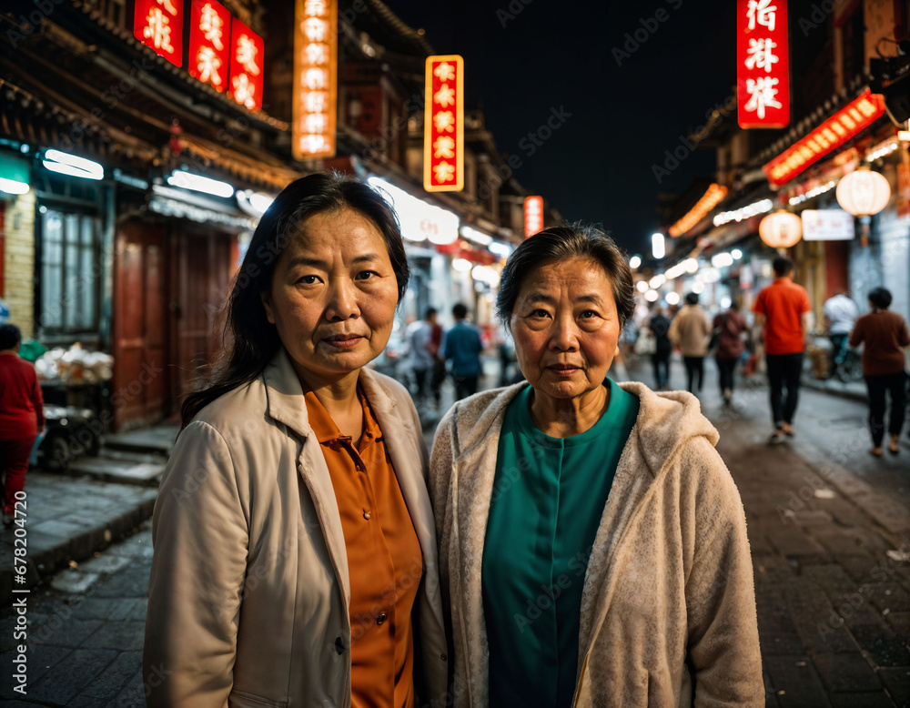 photo of senior old woman with friends in china local street market at night, generative AI