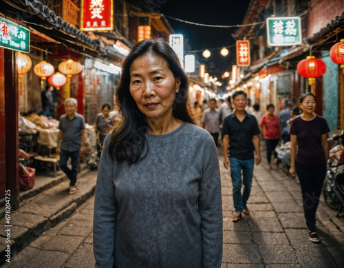 photo of senior old woman with friends in china local street market at night, generative AI © Flash