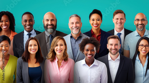 Team of diverse professionals standing against a blue background.
