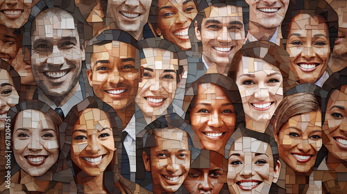 Mosaic of smiling business faces in earthy tones.