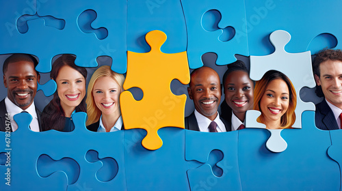 Business professionals' faces in a blue jigsaw puzzle.
