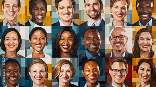 Watercolor mosaic of smiling diverse business people