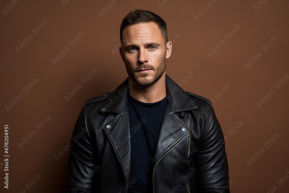 Portrait of a satisfied man in his 30s sporting a classic leather jacket against a pastel or soft colors background. AI Generation Portrait of a satisfied man in his 30s sporting a classic leather jacket against a pastel or soft colors background. AI Generation
