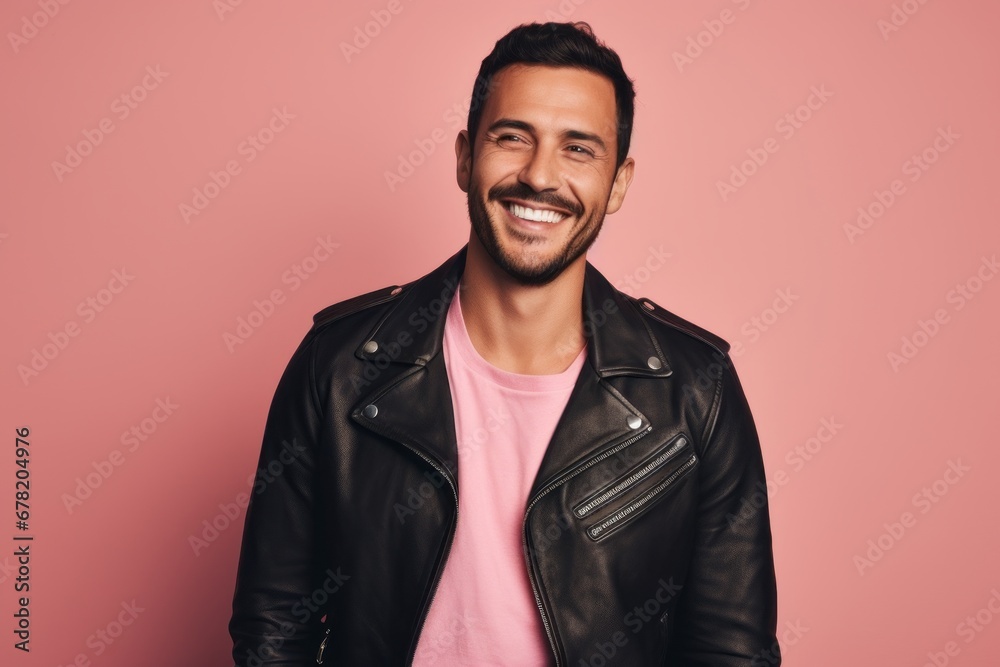 Fototapeta premium Portrait of a satisfied man in his 30s sporting a classic leather jacket against a pastel or soft colors background. AI Generation