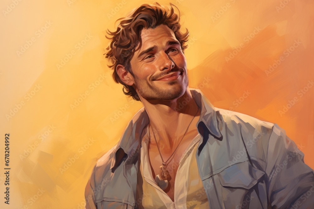 Portrait of a jovial man in his 30s wearing a rugged jean vest against a pastel or soft colors background. AI Generation Portrait of a jovial man in his 30s wearing a rugged jean vest against a pastel or soft colors background. AI Generation