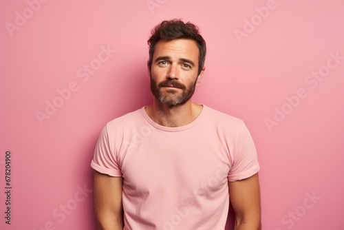 Portrait of a merry man in his 30s sporting a vintage band t-shirt against a pastel or soft colors background. AI Generation