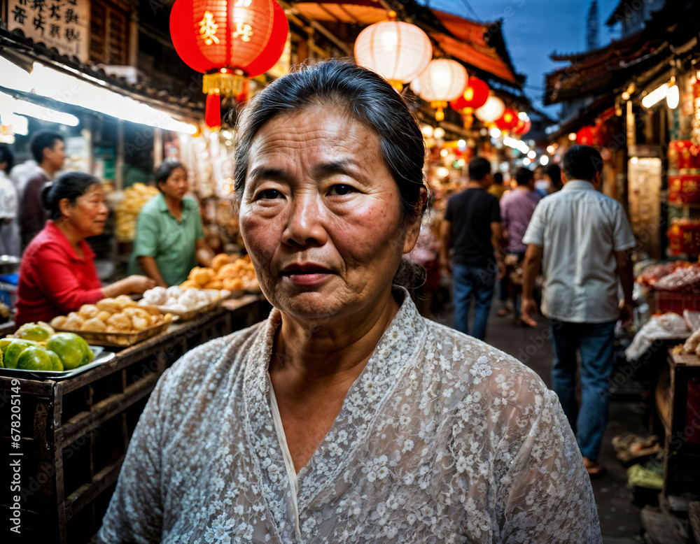 photo of senior old seller woman in china local street market at night, generative AI