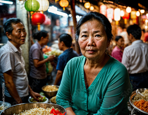 photo of senior old seller woman in china local street market at night  generative AI