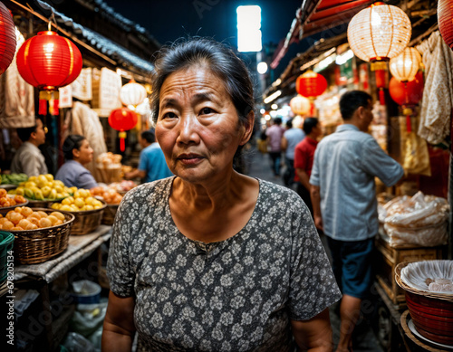 photo of senior old seller woman in china local street market at night, generative AI