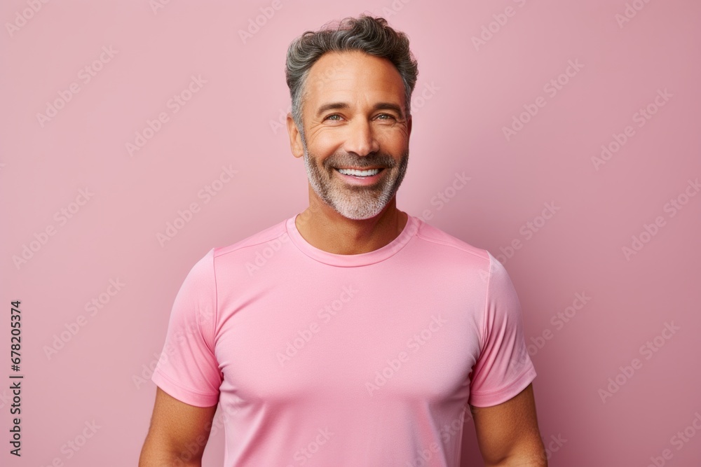 Portrait of a happy man in his 40s wearing a moisture-wicking running shirt against a pastel or soft colors background. AI Generation Portrait of a happy man in his 40s wearing a moisture-wicking running shirt against a pastel or soft colors background. AI Generation