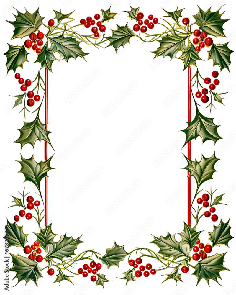 Holly leaves and berries in a Christmas frame on a transparent background