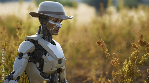 A Humanoid Robot is working in the field as a farmer and naturally looked