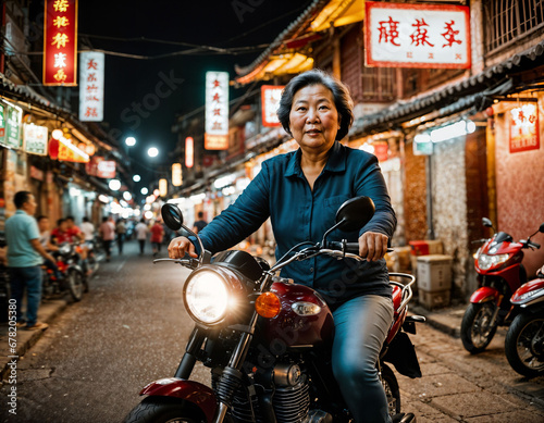 photo of senior old woman driving on motorcycle through china local street market at night, generative AI