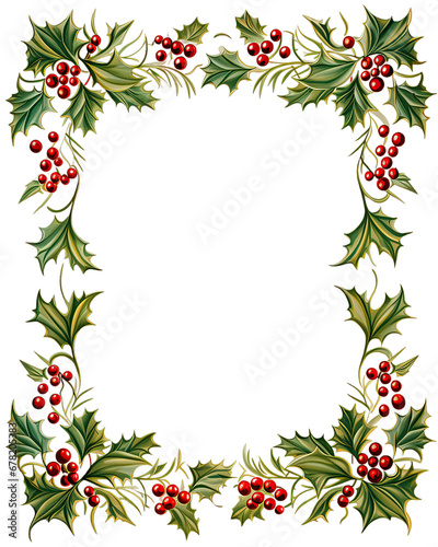 Holly leaves and berries in a Christmas frame on a transparent background © Oranuch