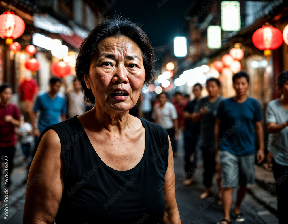 photo of senior old woman with angry mood in china local street market at night, generative AI photo of senior old woman with angry mood in china local street market at night, generative AI
