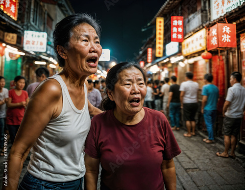 photo of senior old woman with angry mood in china local street market at night, generative AI