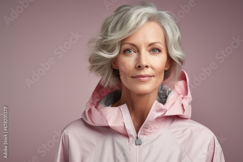 Portrait of a glad woman in her 50s wearing a functional windbreaker against a pastel or soft colors background. AI Generation © CogniLens