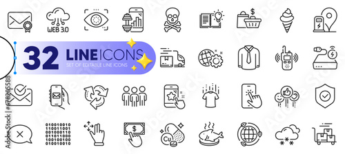 Outline set of Reject, Product knowledge and Eco energy line icons for web with Payment click, Star rating, Copper mineral thin icon. Chemical hazard, Snow weather, Transmitter pictogram icon. Vector