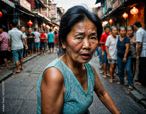photo of senior old woman with angry mood in china local street market at night  generative AI
