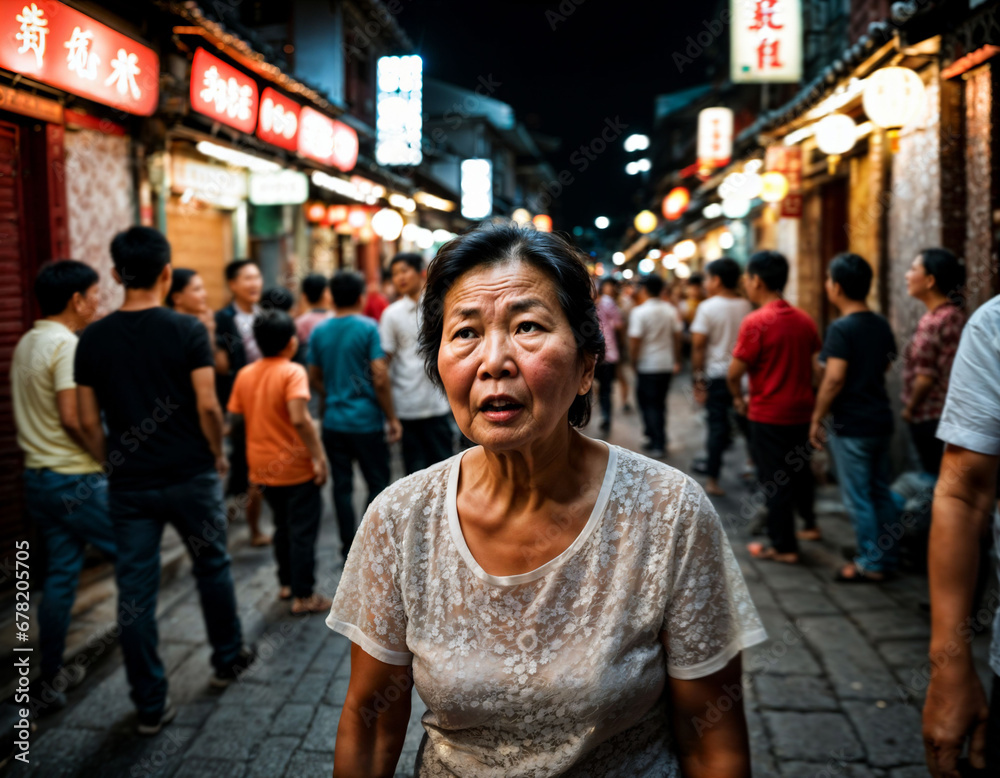 photo of senior old woman with angry mood in china local street market at night, generative AI