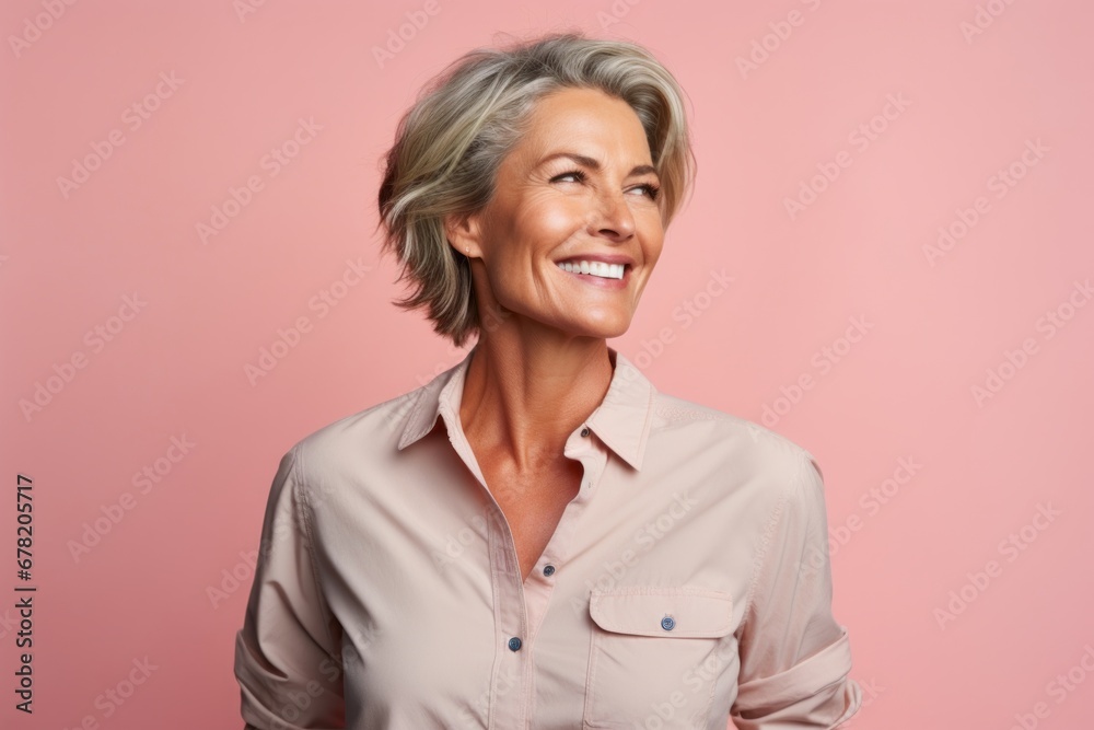 Portrait of a cheerful woman in her 50s sporting a breathable hiking shirt against a pastel or soft colors background. AI Generation Portrait of a cheerful woman in her 50s sporting a breathable hiking shirt against a pastel or soft colors background. AI Generation