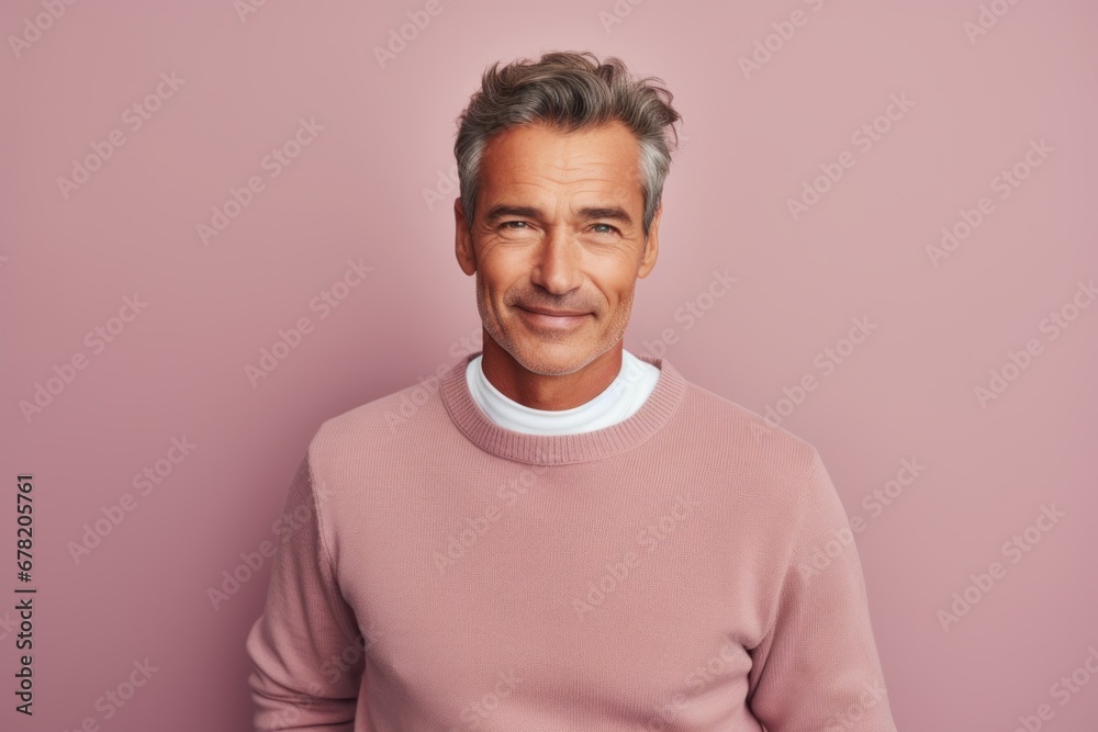 Portrait of a jovial man in his 50s wearing a cozy sweater against a pastel or soft colors background. AI Generation Portrait of a jovial man in his 50s wearing a cozy sweater against a pastel or soft colors background. AI Generation