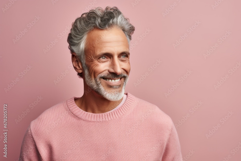 Portrait of a jovial man in his 50s wearing a cozy sweater against a pastel or soft colors background. AI Generation Portrait of a jovial man in his 50s wearing a cozy sweater against a pastel or soft colors background. AI Generation