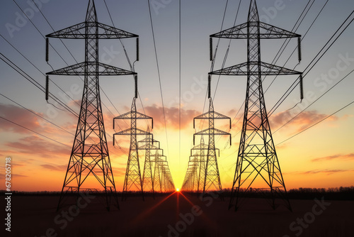 power lines at sunset, Pylon and high voltage powerline 