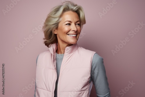 Portrait of a satisfied woman in her 50s dressed in a water-resistant gilet against a pastel or soft colors background. AI Generation © CogniLens