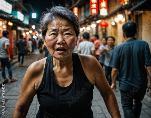 photo of senior old woman with angry mood in china local street market at night, generative AI