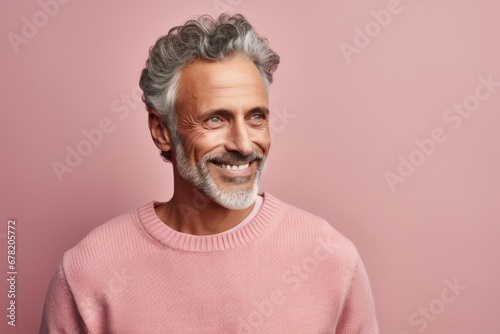 Portrait of a jovial man in his 50s wearing a cozy sweater against a pastel or soft colors background. AI Generation