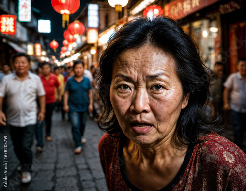 photo of senior old woman with angry mood in china local street market at night, generative AI