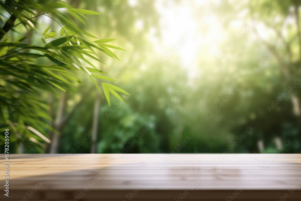 Mock-up, wooden table with a green background and the sun shining through the trees. Generative AI. Mock-up, wooden table with a green background and the sun shining through the trees. Generative AI.