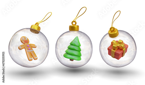 Glass balls with gingerbread man, Christmas tree and gift box inside. Collection of toys for winter holidays decoration. Vector illustration in 3d style on white background