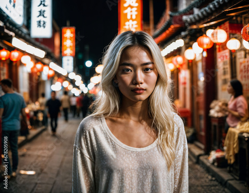 photo of beautiful young girl in china local street market at night, generative AI © Flash