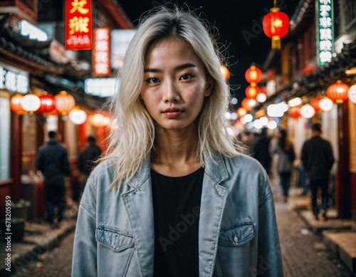 Wallpaper Mural photo of beautiful young girl in china local street market at night, generative AI Torontodigital.ca