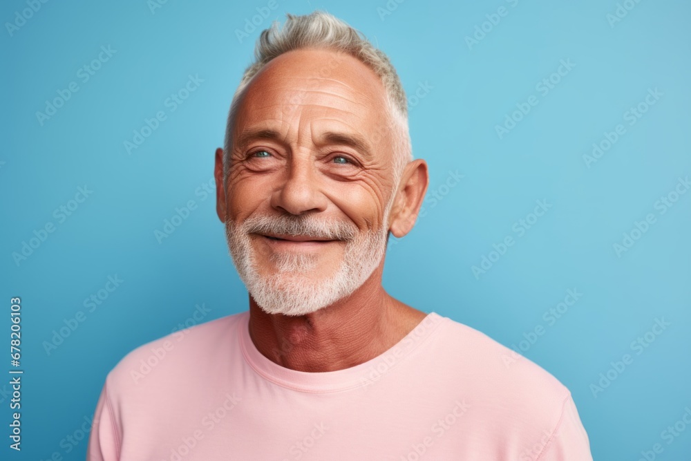 Portrait of a smiling man in his 60s donning a trendy cropped top against a pastel or soft colors background. AI Generation