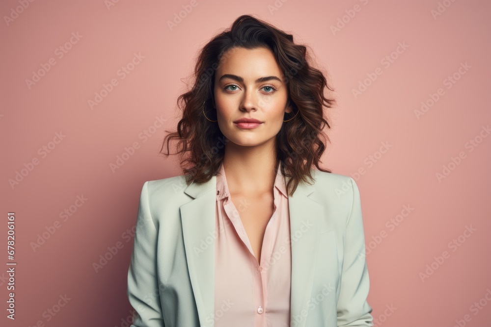 Portrait of a glad woman in her 20s dressed in a stylish blazer against a pastel or soft colors background. AI Generation Portrait of a glad woman in her 20s dressed in a stylish blazer against a pastel or soft colors background. AI Generation