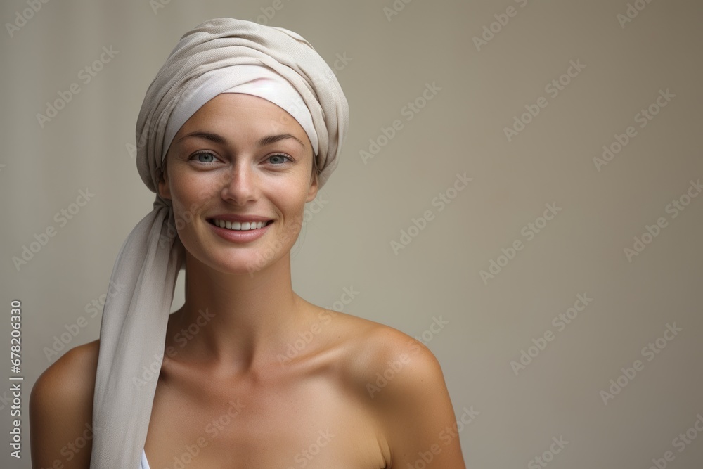 Portrait of a jovial woman in her 30s wearing a versatile buff against a minimalist or empty room background. AI Generation Portrait of a jovial woman in her 30s wearing a versatile buff against a minimalist or empty room background. AI Generation