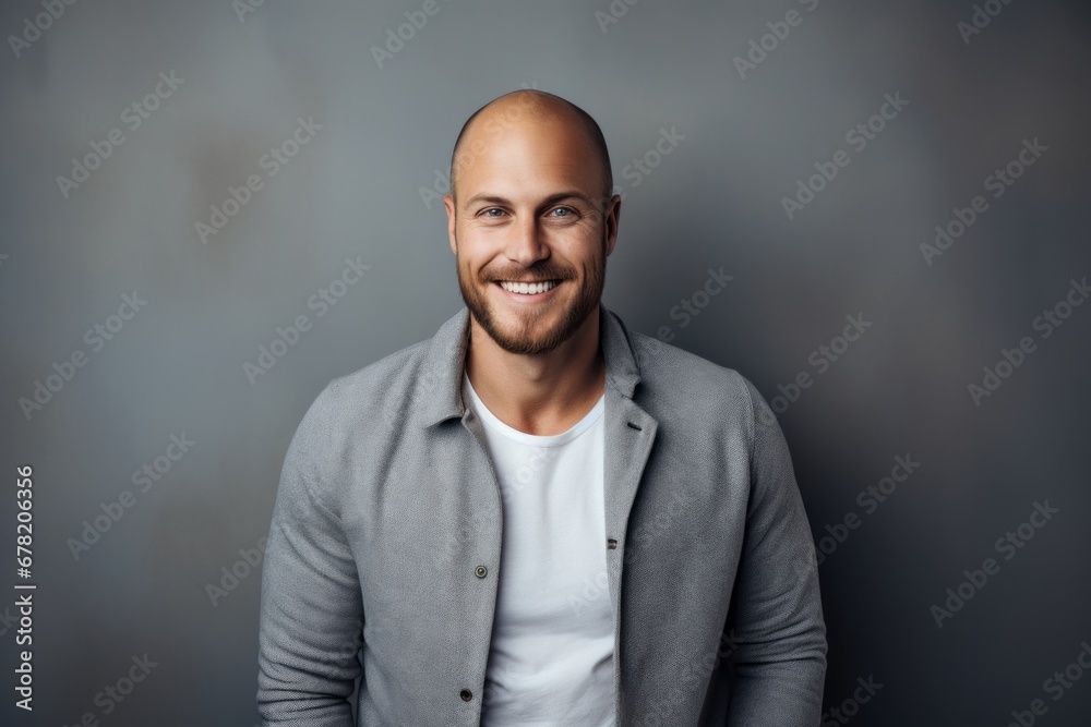 Portrait of a smiling man in his 30s wearing a chic cardigan against a minimalist or empty room background. AI Generation Portrait of a smiling man in his 30s wearing a chic cardigan against a minimalist or empty room background. AI Generation