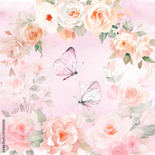 Wallpaper Mural Watercolor digital floral scrapbook paper, Blush pink baby shower background, bouquet of roses and butterflies invitation card template, rose watercolor scrapbook paper, wedding pink background,  Torontodigital.ca
